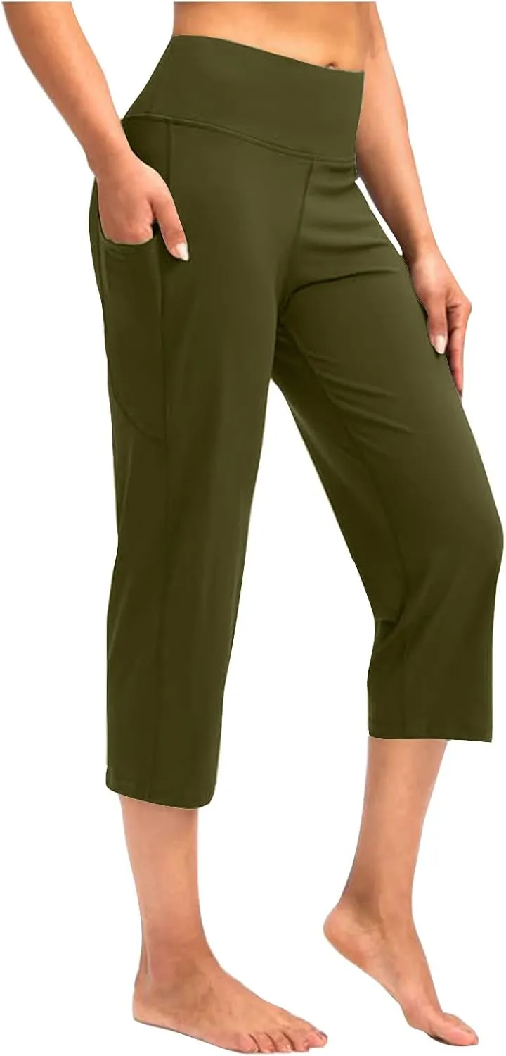 XUNRYAN Womens Capri Leggings Yoga Pants High Waist Crop Athletic Workout Gym Straight Leg Trousers Activewear with Pockets
