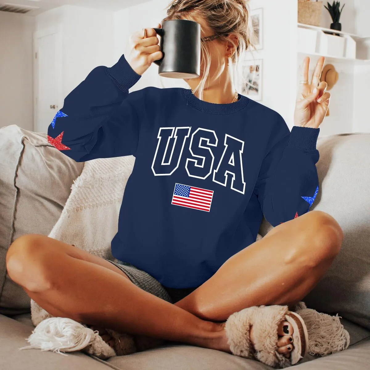YI XIANG RAN USA Sweatshirt Women: American Shirt 1776 Patriotic TShirt Stars Stripes Glitter Pullover 4th of July Tee Tops