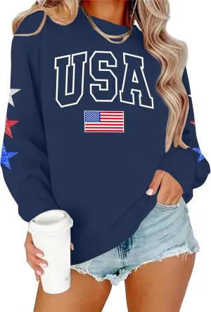 YI XIANG RAN USA Sweatshirt Women: American Shirt 1776 Patriotic TShirt Stars Stripes Glitter Pullover 4th of July Tee Tops