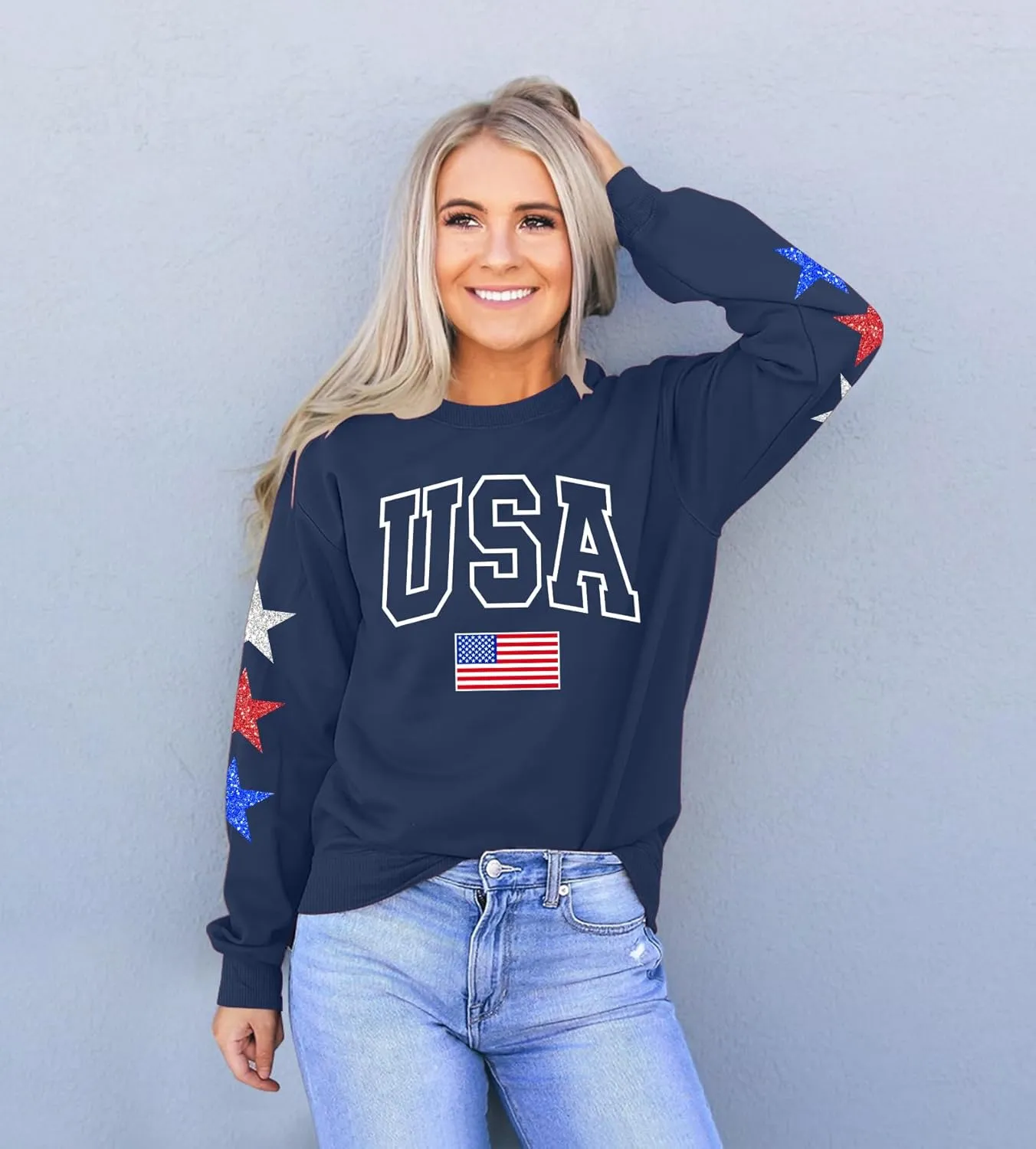 YI XIANG RAN USA Sweatshirt Women: American Shirt 1776 Patriotic TShirt Stars Stripes Glitter Pullover 4th of July Tee Tops