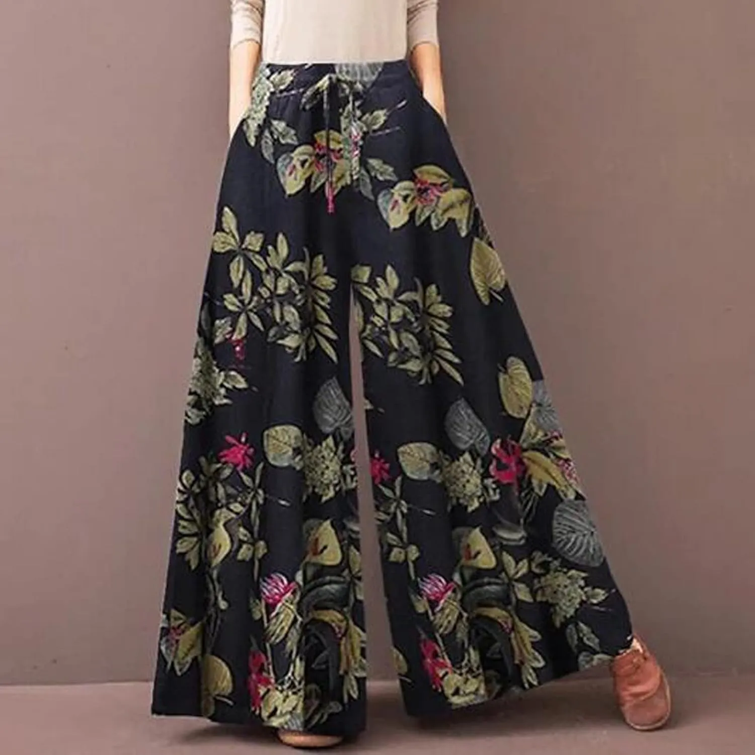 YOLAI Floral Print Trouser for Women High Waist Drawstring Trouser Causal Loose Wide Leg Pants Bohemia Yoga Pants (Blue, L)