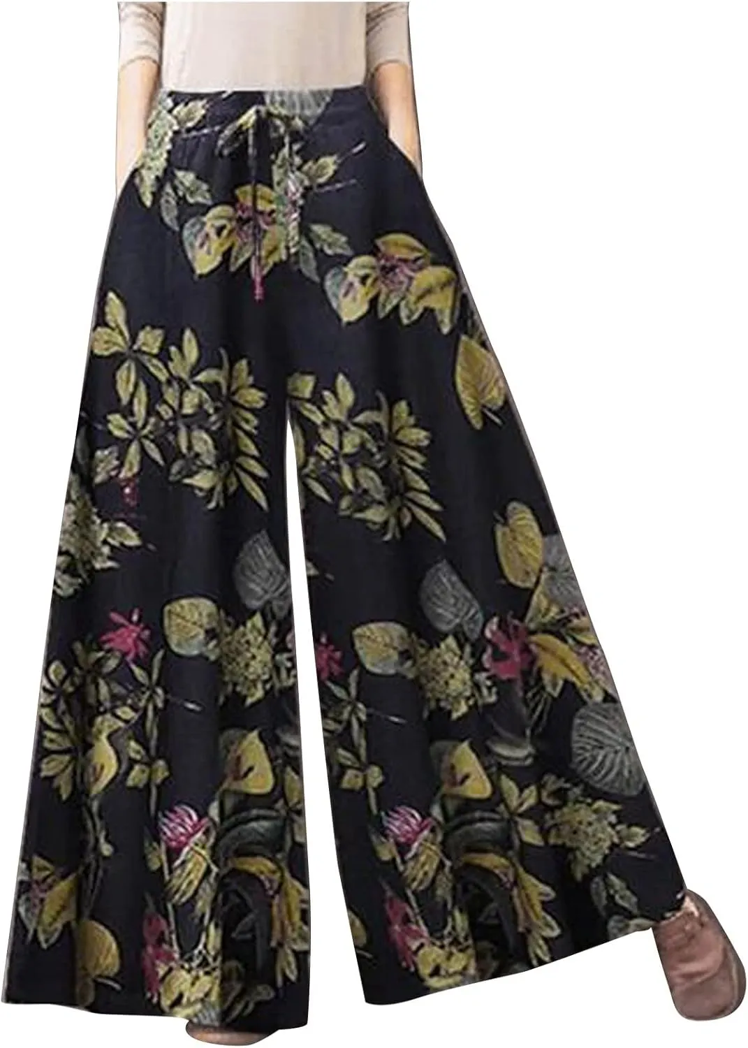YOLAI Floral Print Trouser for Women High Waist Drawstring Trouser Causal Loose Wide Leg Pants Bohemia Yoga Pants (Blue, L)