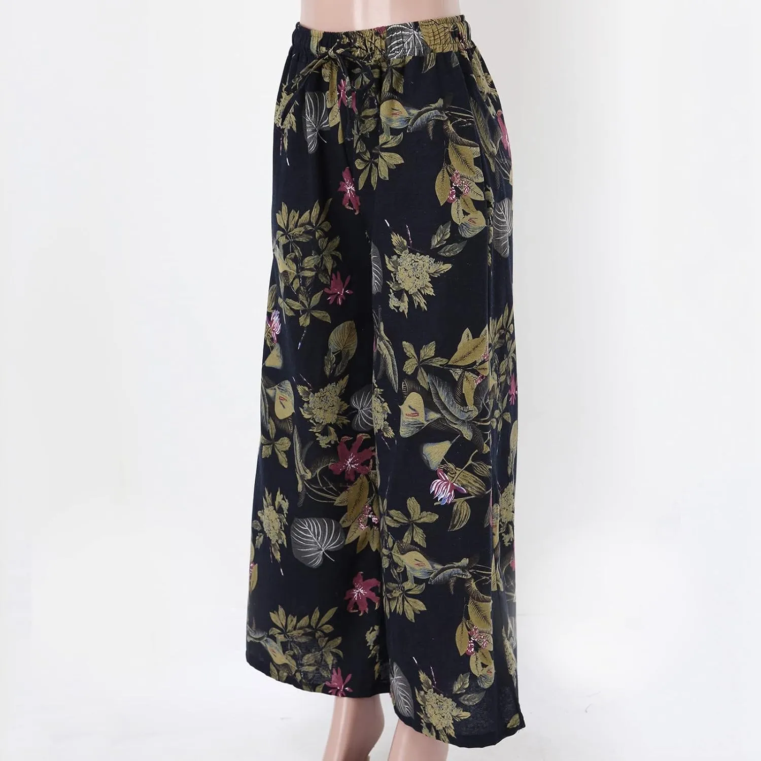 YOLAI Floral Print Trouser for Women High Waist Drawstring Trouser Causal Loose Wide Leg Pants Bohemia Yoga Pants (Blue, L)
