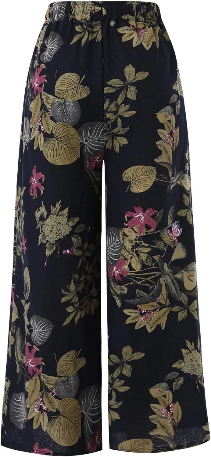 YOLAI Floral Print Trouser for Women High Waist Drawstring Trouser Causal Loose Wide Leg Pants Bohemia Yoga Pants (Blue, L)