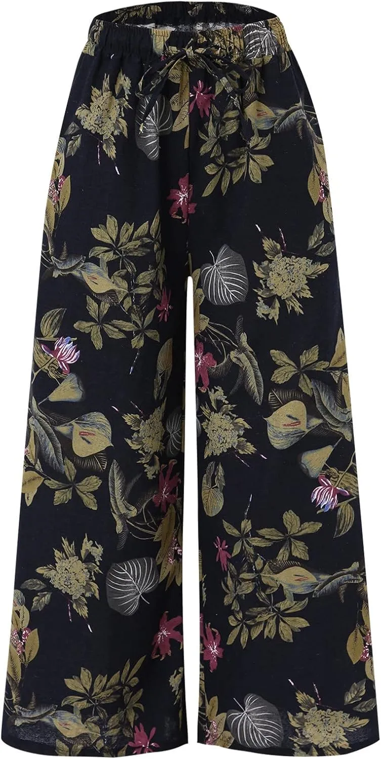 YOLAI Floral Print Trouser for Women High Waist Drawstring Trouser Causal Loose Wide Leg Pants Bohemia Yoga Pants (Blue, L)