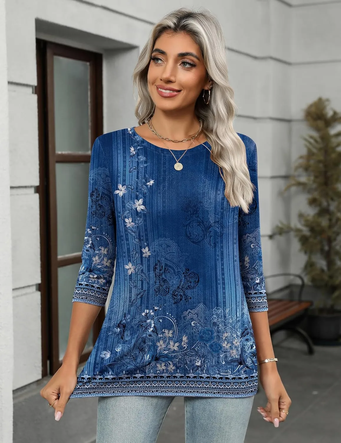 Zeagoo Women's Casual 3/4 Sleeve T-Shirts Round Neck Cute Tunic Tops Basic Tees Blouses Business Work Tee Top