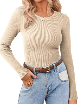 Zeagoo Women's Long Sleeve Ribbed Shirt 2025 Fall Knit Sweater Basic Slim Fit Tops Crewneck Cute Outfits