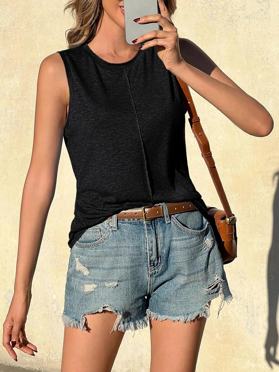 ZIWOCH Womens Tank Tops Crew Neck Sleeveless Tshirts Solid Color Casual Loose Fit Tee Shirts