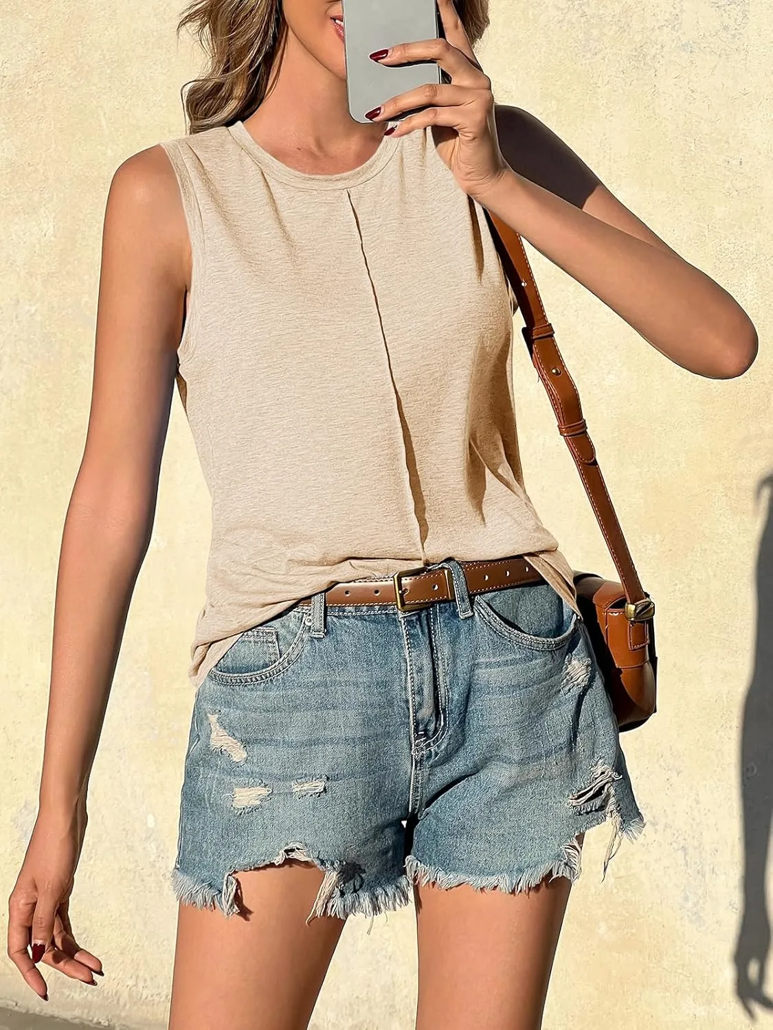 ZIWOCH Womens Tank Tops Crew Neck Sleeveless Tshirts Solid Color Casual Loose Fit Tee Shirts